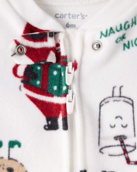 Baby Beige Santa Milk & Cookies Loose Fit Fleece Long-Sleeve Sleep & Play Pajamas - White