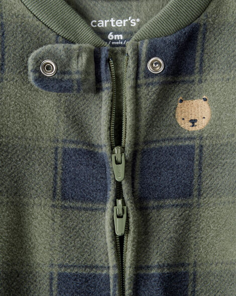 Baby Boy Bear Plaid Print Fleece Loose Fit Long-Sleeve Sleep & Play Pajamas - Green