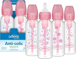 Dr. Brown's Natural Flow Anti-Cólico Options+ Biberón Estrecho, Floral Rosa, 8 onzas/250 mL, con Tetinas de Flujo Lento Nivel 1, 0m+, paquete de 4