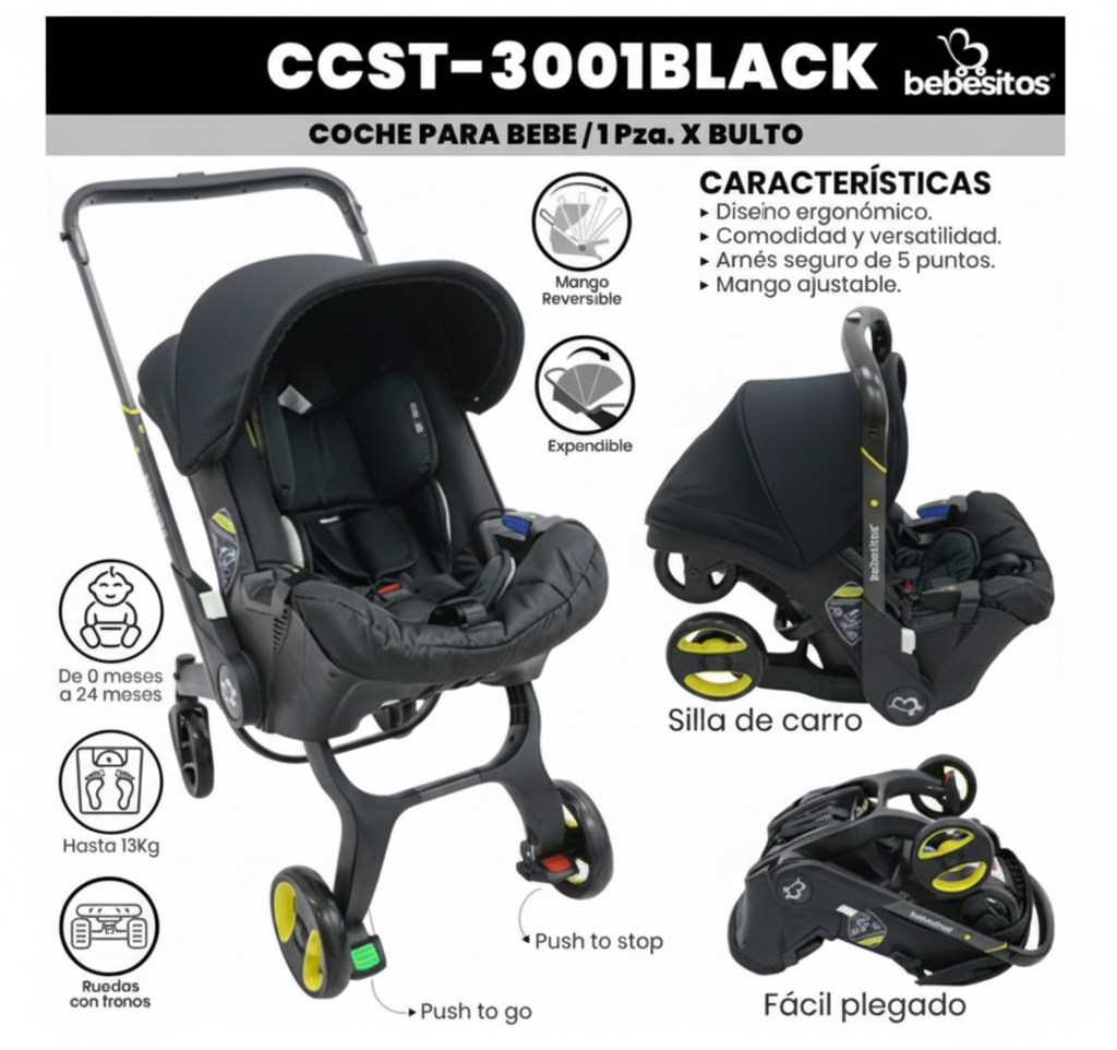 COCHE DONNA PARA BEBE NEGRO BEBESHITOS