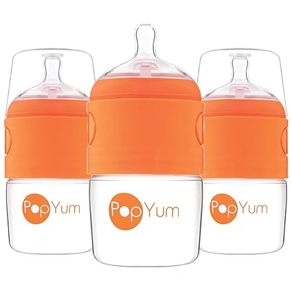 PopYum Biberones de 5 oz para hacer fórmulas anticólicos naranjas, mezcla/dispensador, con pezones de flujo lento #1, 5.1 fl oz, sin BPA, cierre natural