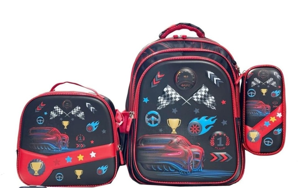 SET MOCHILA AUTO DE CARRERA 3 PCS 16 PUL