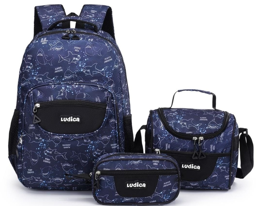 SET MOCHILA LUDICA 3 PCS SHARK 18 PUL.