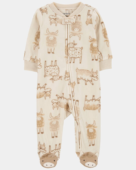 Baby Boy Highland Cow Zip-Up Fleece Sleep & Play Pajamas - Cream