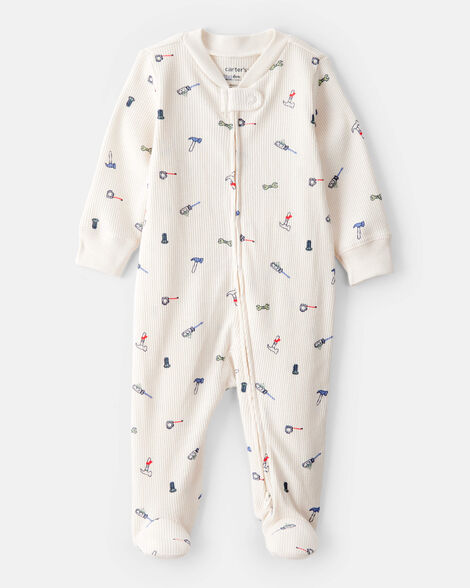 Baby Boy Construction Print Cotton Long-Sleeve Snug Fit Sleep & Play Pajamas - White