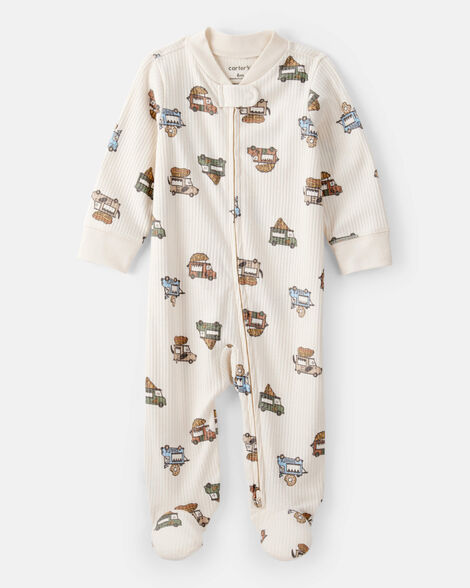 Baby Boy Firetruck Print Loose Fit Long-Sleeve Sleep & Play Pajamas - Blue