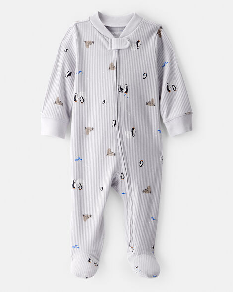 Baby Penguin Print Cotton Long-Sleeve Sleep & Play - Grey