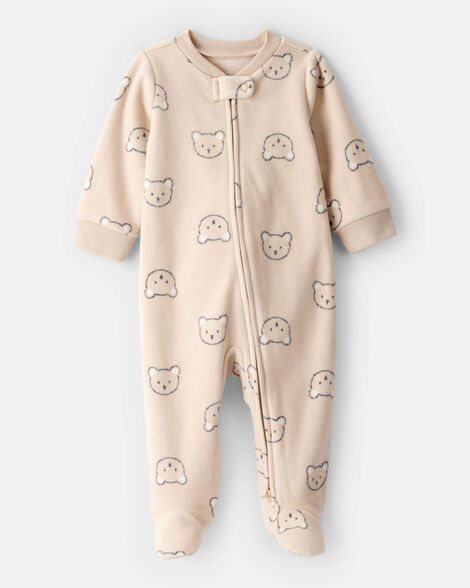 Baby Boy Bear Fleece 2-Way Zip Sleep & Play Pajamas - Khaki