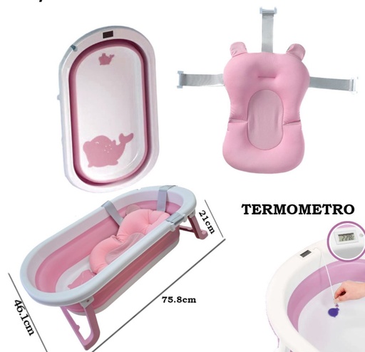 [TJ28] BAÑERA PLEGABLE + TERMOMETRO ROSADO