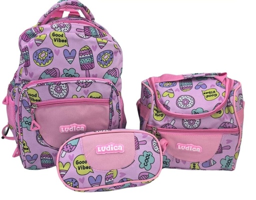 [NM4397-12] SET MOCHILA LUDICA 3 PCS HELADO Y DONA 15 PUL.