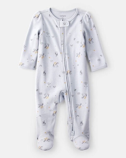 [1T593110] Baby Girl Unicorn Star Print 100% Cotton Long-Sleeve 2-Way Zip Sleep & Play Pajamas - Blue
