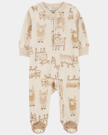 [1U139510] Baby Boy Highland Cow Zip-Up Fleece Sleep & Play Pajamas - Cream