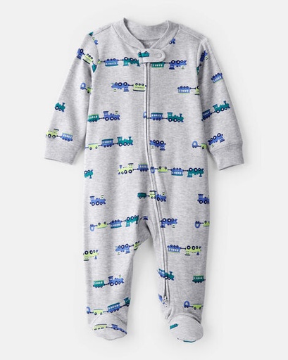 [1T997810] Baby Boy Train Cotton Long-Sleeve Snug Fit Sleep & Play Pajamas - Grey
