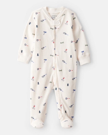 [1T999410] Baby Boy Construction Print Cotton Long-Sleeve Snug Fit Sleep & Play Pajamas - White