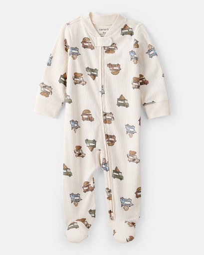 [1T598710] Baby Boy Firetruck Print Loose Fit Long-Sleeve Sleep & Play Pajamas - Blue