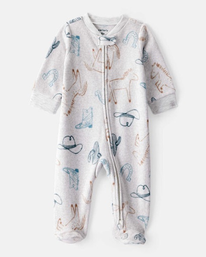 [1T611610] Baby Boy Western Cowboy Print Loose Fit Long-Sleeve Sleep & Play Pajamas - Grey