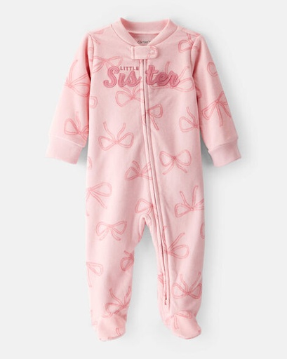 [1T610510] Baby Girl Bow Print Loose Fit Long-Sleeve Sleep & Play Pajamas - Pink