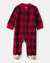 [1T751810] Baby Boy Bear Plaid Print Fleece Loose Fit Long-Sleeve Sleep & Play Pajamas -