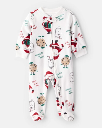 [1T594310] Baby Beige Santa Milk & Cookies Loose Fit Fleece Long-Sleeve Sleep & Play Pajamas - White