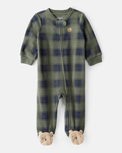 [1T613910] Baby Boy Bear Plaid Print Fleece Loose Fit Long-Sleeve Sleep & Play Pajamas - Green