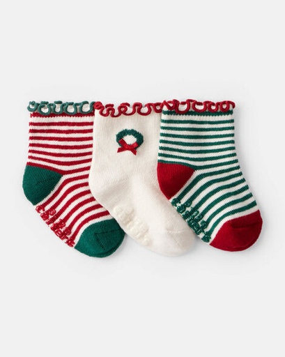 [1T570910] Baby Girl 3-Pack Christmas Striped Ankle Socks