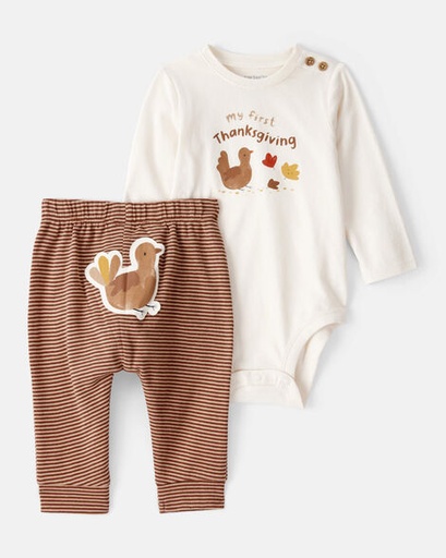 [1T249310] Baby My First Thanksgiving Cotton Long-Sleeve Bodysuit & Pant Set - Cream/Brown