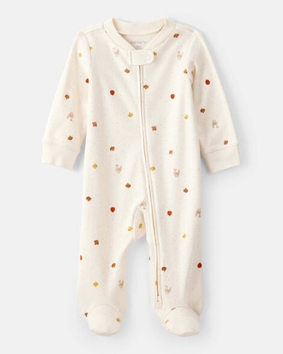 [1T249610] Baby Thanksgiving Print 100% Cotton Long-Sleeve 2-Way Zip Sleep & Play Pajamas - White